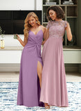 Martha A-Line V-neck Floor-Length Chiffon Bridesmaid Dress With Ruffle Split Front STIP0012784