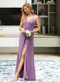 Martha A-Line V-neck Floor-Length Chiffon Bridesmaid Dress With Ruffle Split Front STIP0012784