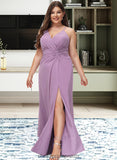 Martha A-Line V-neck Floor-Length Chiffon Bridesmaid Dress With Ruffle Split Front STIP0012784