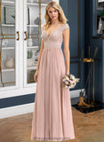 Stephanie A-line V-Neck Floor-Length Chiffon Lace Bridesmaid Dress STIP0012786