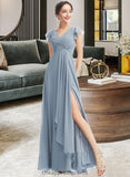 Rhoda A-Line V-neck Floor-Length Bridesmaid Dress With Ruffle Split Front STIP0012787