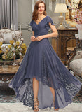 Evangeline A-Line V-neck Asymmetrical Chiffon Bridesmaid Dress With Ruffle Lace STIP0012788