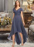 Evangeline A-Line V-neck Asymmetrical Chiffon Bridesmaid Dress With Ruffle Lace STIP0012788