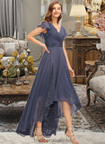 Evangeline A-Line V-neck Asymmetrical Chiffon Bridesmaid Dress With Ruffle Lace STIP0012788