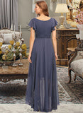 Evangeline A-Line V-neck Asymmetrical Chiffon Bridesmaid Dress With Ruffle Lace STIP0012788