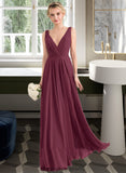 Makaila A-Line V-neck Floor-Length Chiffon Bridesmaid Dress With Ruffle STIP0012789