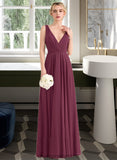 Makaila A-Line V-neck Floor-Length Chiffon Bridesmaid Dress With Ruffle STIP0012789