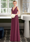 Makaila A-Line V-neck Floor-Length Chiffon Bridesmaid Dress With Ruffle STIP0012789