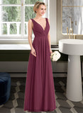 Makaila A-Line V-neck Floor-Length Chiffon Bridesmaid Dress With Ruffle STIP0012789