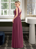 Makaila A-Line V-neck Floor-Length Chiffon Bridesmaid Dress With Ruffle STIP0012789