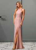 Hazel A-Line High Neck Floor-Length Bridesmaid Dress With Lace Split Front STIP0012791