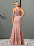 Hazel A-Line High Neck Floor-Length Bridesmaid Dress With Lace Split Front STIP0012791