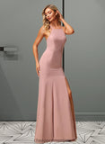 Hazel A-Line High Neck Floor-Length Bridesmaid Dress With Lace Split Front STIP0012791