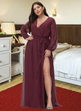 Breanna A-Line V-neck Floor-Length Chiffon Bridesmaid Dress With Ruffle Bow(s) Split Front STIP0012795