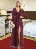 Breanna A-Line V-neck Floor-Length Chiffon Bridesmaid Dress With Ruffle Bow(s) Split Front STIP0012795