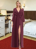 Breanna A-Line V-neck Floor-Length Chiffon Bridesmaid Dress With Ruffle Bow(s) Split Front STIP0012795