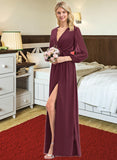 Breanna A-Line V-neck Floor-Length Chiffon Bridesmaid Dress With Ruffle Bow(s) Split Front STIP0012795