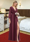 Breanna A-Line V-neck Floor-Length Chiffon Bridesmaid Dress With Ruffle Bow(s) Split Front STIP0012795