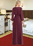 Breanna A-Line V-neck Floor-Length Chiffon Bridesmaid Dress With Ruffle Bow(s) Split Front STIP0012795