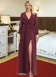 Breanna A-Line V-neck Floor-Length Chiffon Bridesmaid Dress With Ruffle Bow(s) Split Front STIP0012795