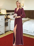 Breanna A-Line V-neck Floor-Length Chiffon Bridesmaid Dress With Ruffle Bow(s) Split Front STIP0012795