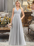 Ryleigh A-Line V-neck Floor-Length Chiffon Bridesmaid Dress With Ruffle Bow(s) Pockets STIP0012797