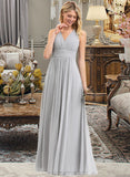 Ryleigh A-Line V-neck Floor-Length Chiffon Bridesmaid Dress With Ruffle Bow(s) Pockets STIP0012797