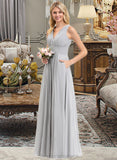 Ryleigh A-Line V-neck Floor-Length Chiffon Bridesmaid Dress With Ruffle Bow(s) Pockets STIP0012797