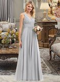 Ryleigh A-Line V-neck Floor-Length Chiffon Bridesmaid Dress With Ruffle Bow(s) Pockets STIP0012797