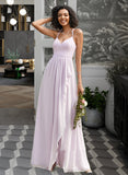 Angela A-Line V-neck Asymmetrical Bridesmaid Dress With Ruffle Split Front STIP0012799