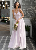 Angela A-Line V-neck Asymmetrical Bridesmaid Dress With Ruffle Split Front STIP0012799