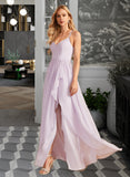 Angela A-Line V-neck Asymmetrical Bridesmaid Dress With Ruffle Split Front STIP0012799