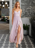 Angela A-Line V-neck Asymmetrical Bridesmaid Dress With Ruffle Split Front STIP0012799