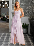 Angela A-Line V-neck Asymmetrical Bridesmaid Dress With Ruffle Split Front STIP0012799