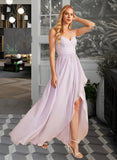 Angela A-Line V-neck Asymmetrical Bridesmaid Dress With Ruffle Split Front STIP0012799