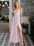 Angela A-Line V-neck Asymmetrical Bridesmaid Dress With Ruffle Split Front STIP0012799