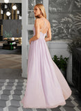 Angela A-Line V-neck Asymmetrical Bridesmaid Dress With Ruffle Split Front STIP0012799