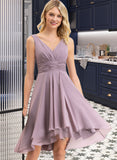 Lacey A-line V-Neck Asymmetrical Chiffon Bridesmaid Dress With Ruffle STIP0012801