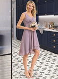 Lacey A-line V-Neck Asymmetrical Chiffon Bridesmaid Dress With Ruffle STIP0012801