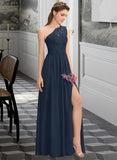 Maliyah A-Line One-Shoulder Floor-Length Chiffon Lace Bridesmaid Dress With Split Front STIP0012808