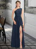 Maliyah A-Line One-Shoulder Floor-Length Chiffon Lace Bridesmaid Dress With Split Front STIP0012808