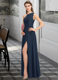 Maliyah A-Line One-Shoulder Floor-Length Chiffon Lace Bridesmaid Dress With Split Front STIP0012808