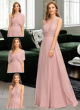 Salma A-Line One-Shoulder Halter V-neck Floor-Length Chiffon Bridesmaid Dress With Ruffle STIP0012813