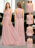 Salma A-Line One-Shoulder Halter V-neck Floor-Length Chiffon Bridesmaid Dress With Ruffle STIP0012813