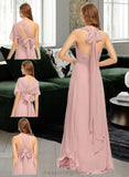 Salma A-Line One-Shoulder Halter V-neck Floor-Length Chiffon Bridesmaid Dress With Ruffle STIP0012813