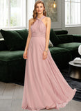 Salma A-Line One-Shoulder Halter V-neck Floor-Length Chiffon Bridesmaid Dress With Ruffle STIP0012813