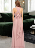 Salma A-Line One-Shoulder Halter V-neck Floor-Length Chiffon Bridesmaid Dress With Ruffle STIP0012813