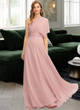 Salma A-Line One-Shoulder Halter V-neck Floor-Length Chiffon Bridesmaid Dress With Ruffle STIP0012813