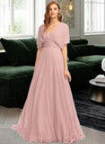 Salma A-Line One-Shoulder Halter V-neck Floor-Length Chiffon Bridesmaid Dress With Ruffle STIP0012813