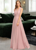 Salma A-Line One-Shoulder Halter V-neck Floor-Length Chiffon Bridesmaid Dress With Ruffle STIP0012813